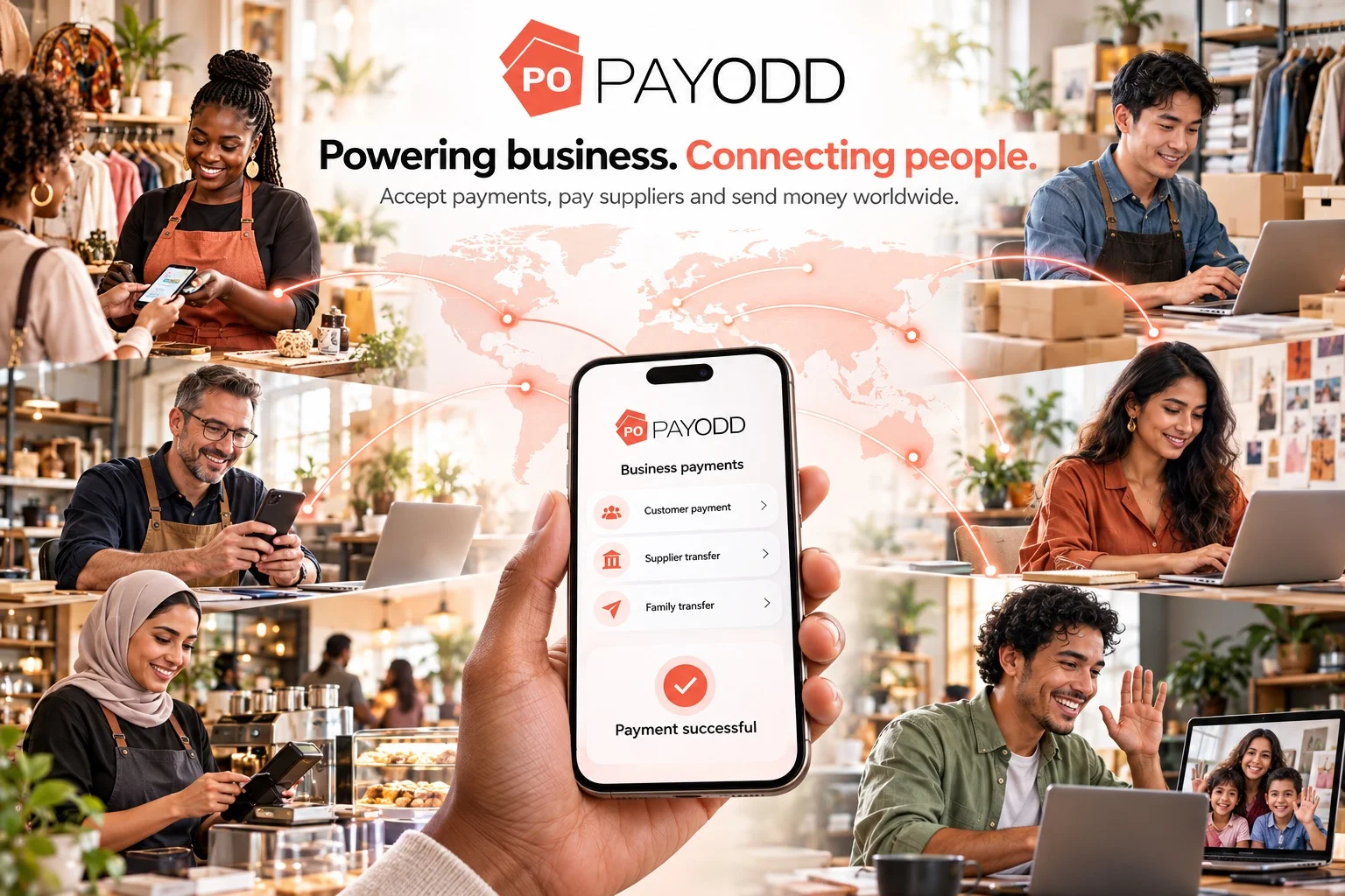 PAYODD business campaign showing shop owners, suppliers and international connections