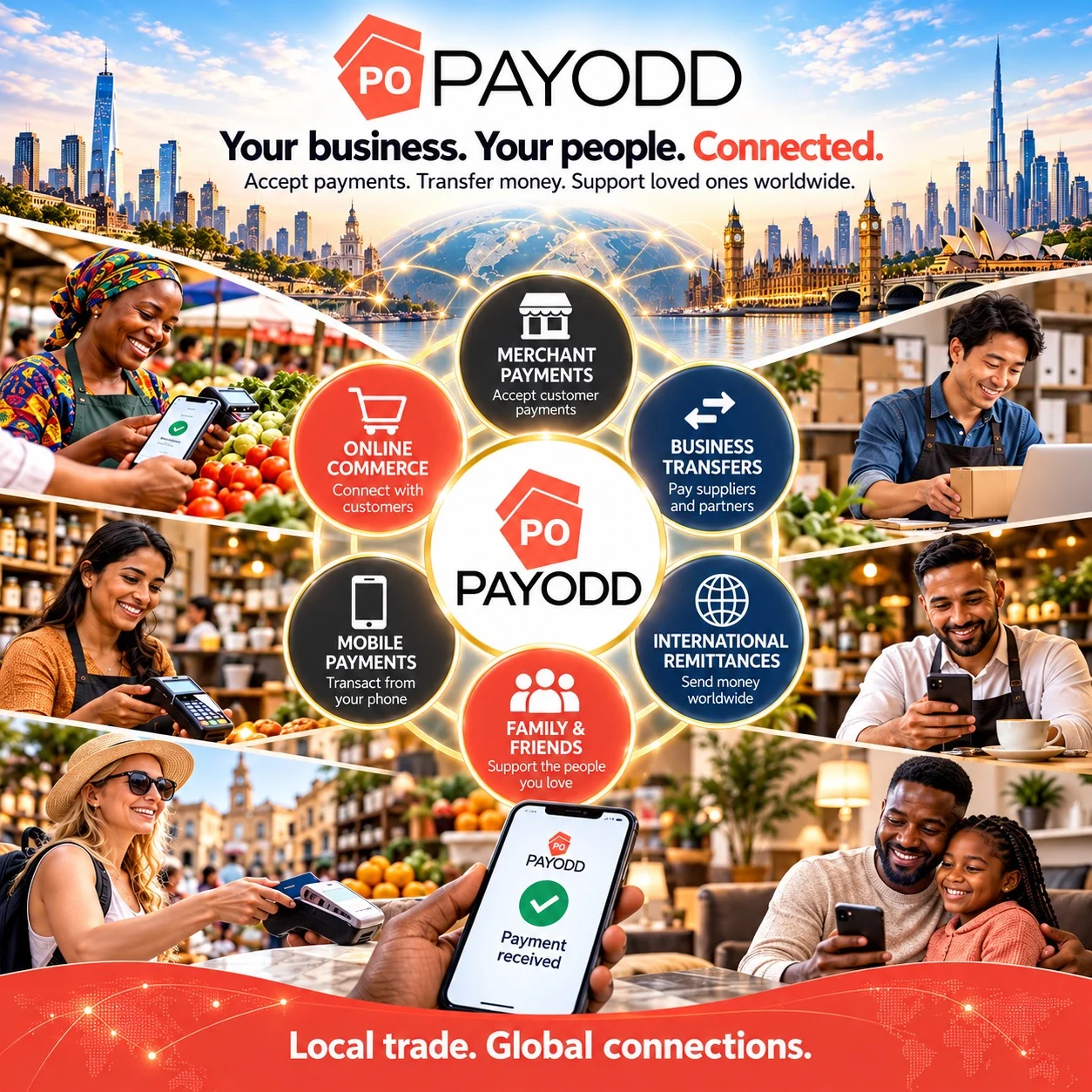 PAYODD merchant campaign illustrating commerce, mobile payments and global connections