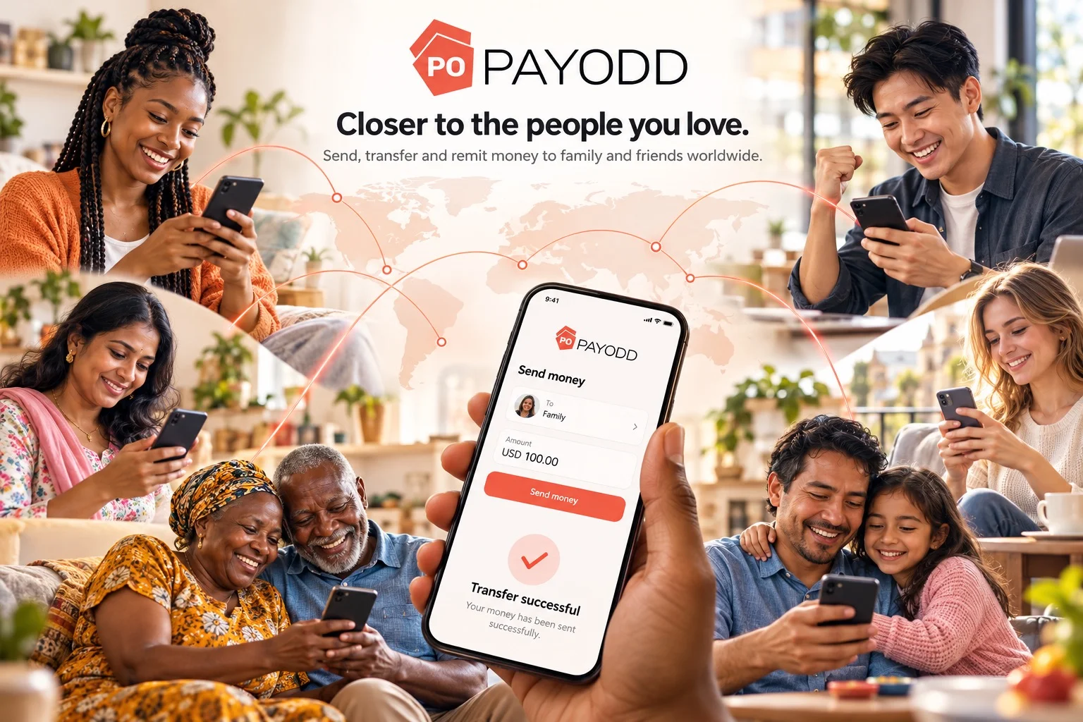 PAYODD personal-transfer campaign showing friends and families staying connected