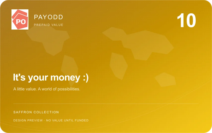 PAYODD Saffron card design, 10 denomination, unfunded preview