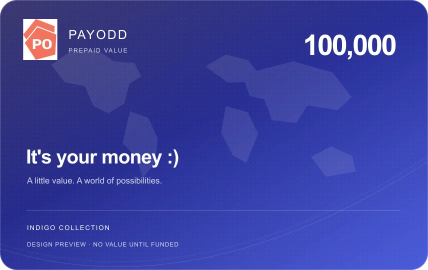 PAYODD Indigo card design, 100,000 denomination, unfunded preview