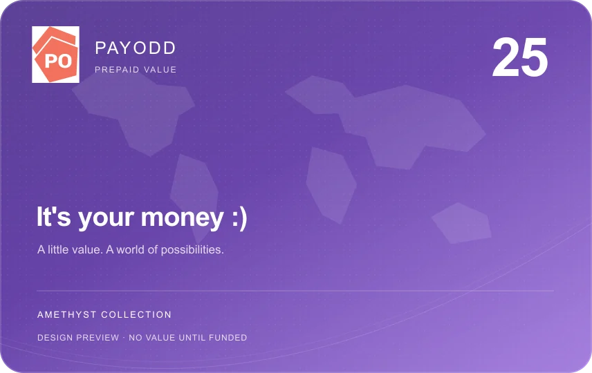 PAYODD Amethyst card design, 25 denomination, unfunded preview