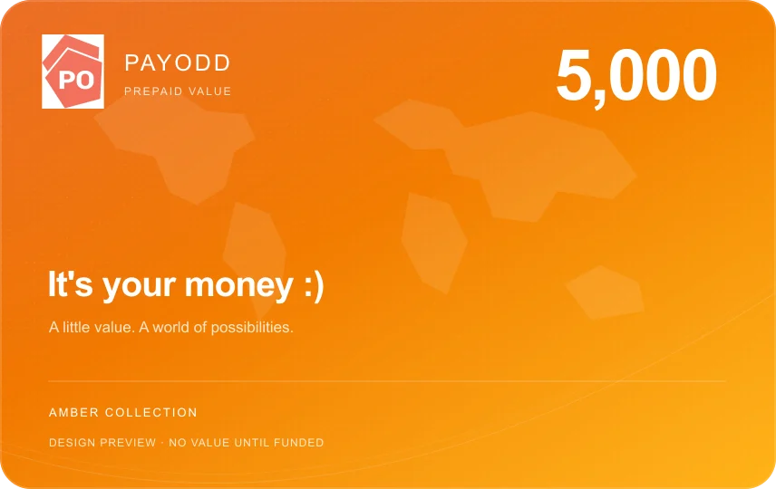 PAYODD Amber card design, 5,000 denomination, unfunded preview